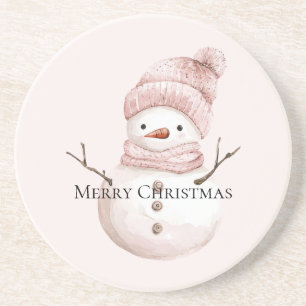 Kerst Roze Witte Sneeuwman Zandsteen Onderzetter