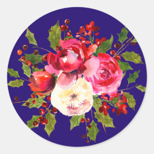 Kerst Rozen Holly en bessen Ronde Sticker