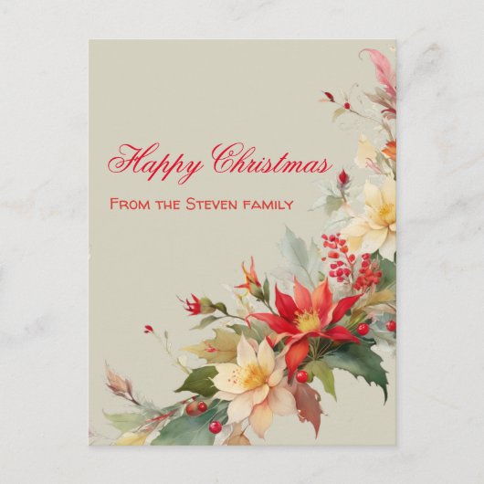 Kerst Rozen Waterverf Briefkaart | JOUW NAAM (Voorkant)