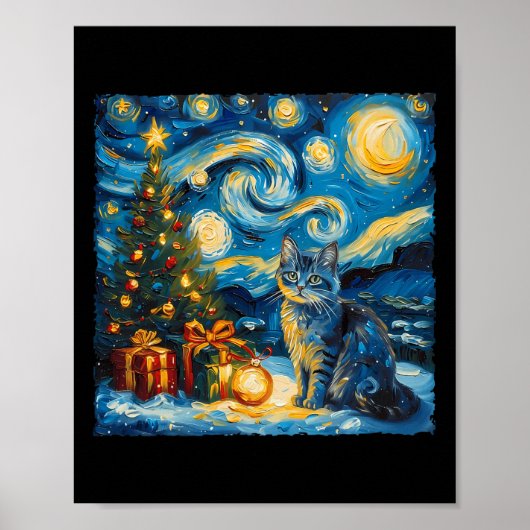 Kerst Russische blauwe kat Art Van Gogh's De ster Poster (Voorkant)
