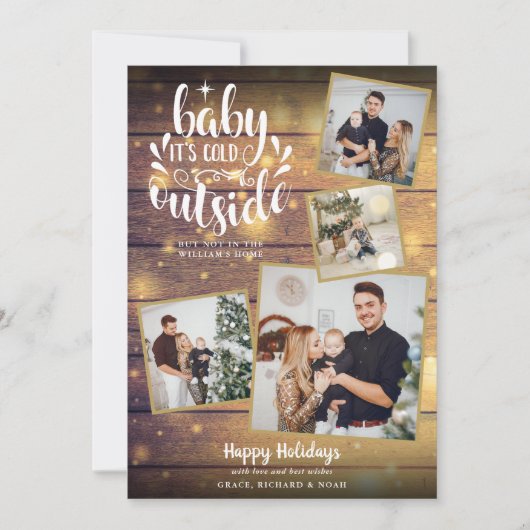 Kerst Rustic 4 Foto Collage Hout Feestdagenkaart (Voorkant)