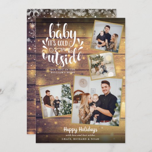 Kerst Rustic 4 Foto Collage Hout Feestdagenkaart (Voorkant / Achterkant)