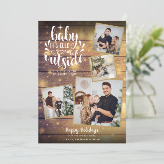 Kerst Rustic 4 Foto Collage Hout Feestdagenkaart (Staand voorkant)