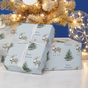 Kerst Rustiek Blauw Grijs Groen Hertenboom Cadeaupapier