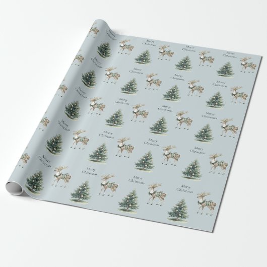Kerst Rustiek Blauw Grijs Groen Hertenboom Cadeaupapier (Uitgerold)