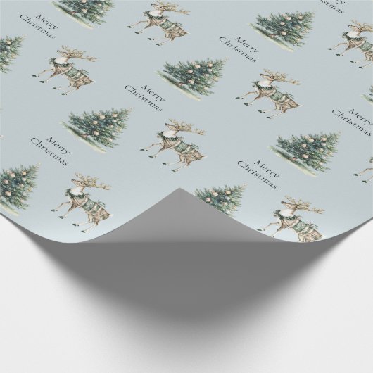 Kerst Rustiek Blauw Grijs Groen Hertenboom Cadeaupapier (Hoek)