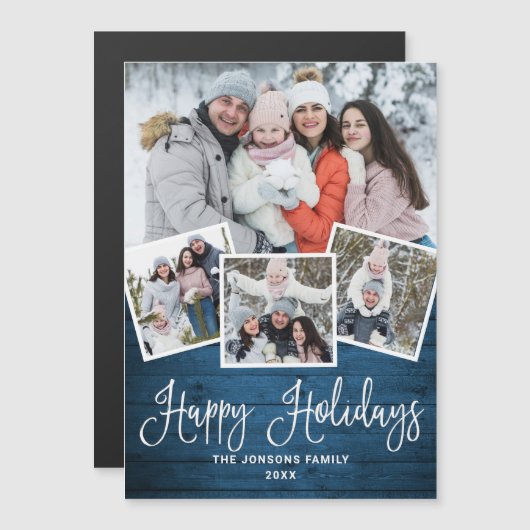 Kerst Rustiek Blauw Hout 4 FOTO Magnetische Kaart (Voorkant / Achterkant)