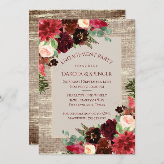 Kerst Rustiek Bourgondië Goud Verlovingsfeest Kaart (Voorkant / Achterkant)