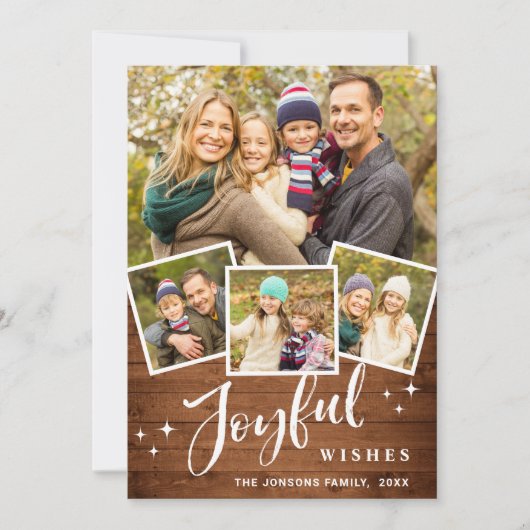 Kerst Rustiek Bruin Boho Hout 4 FOTO Groet Feestdagenkaart (Voorkant)