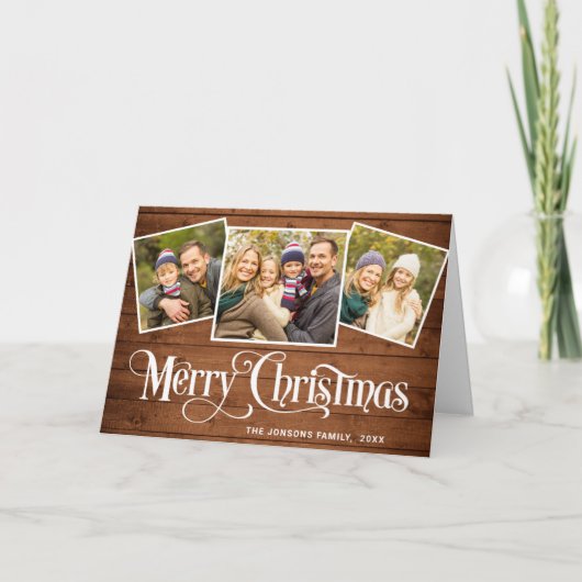 Kerst Rustiek Bruin Hout 4 FOTO Groet Boho Feestdagen Kaart (Voorkant)
