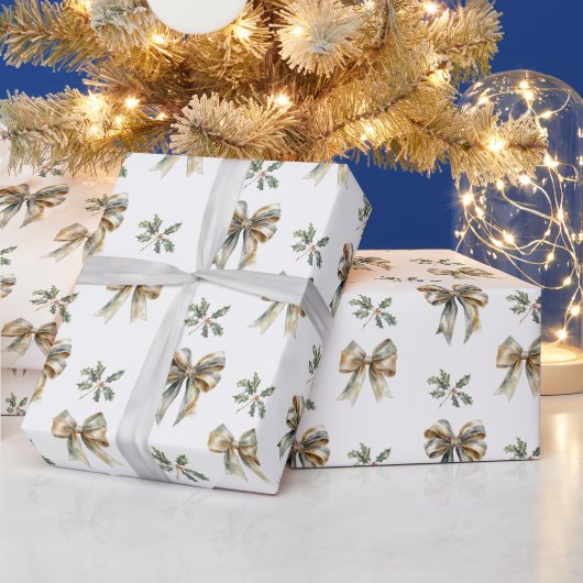 Kerst Rustiek groen goud bogen Holly Cadeaupapier (Feestdagen)