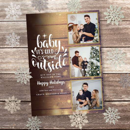 Kerst rustiek hout 3 foto collage feestdagenkaart