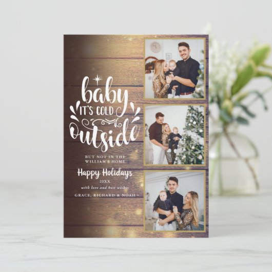 Kerst rustiek hout 3 foto collage feestdagenkaart (Staand voorkant)