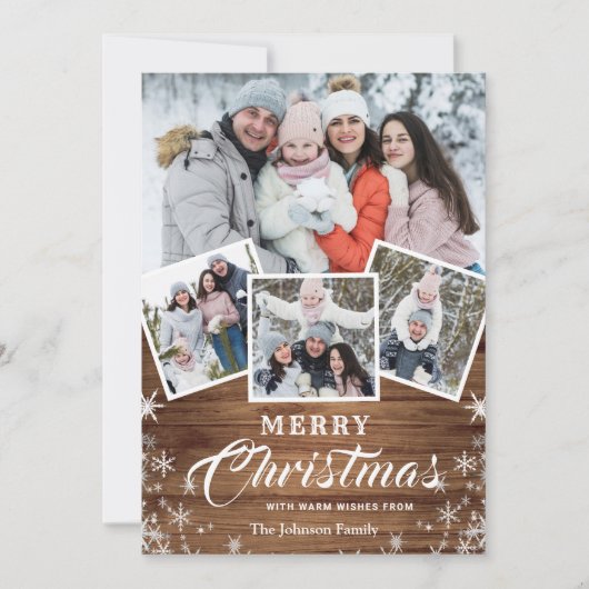 Kerst Rustiek Hout 4 FOTO Wenselen QR code Feestdagenkaart (Voorkant)