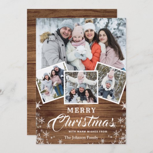 Kerst Rustiek Hout 4 FOTO Wenselen QR code Feestdagenkaart (Voorkant / Achterkant)