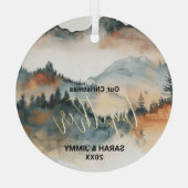 Kerst Rustiek Mountain Adventure Outdoor Paar Glas Ornament (Achterkant)