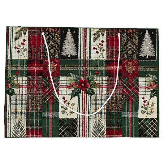 Kerst Rustiek Plakt Traditioneel Groen Patroon Groot Cadeauzakje (Achterkant)