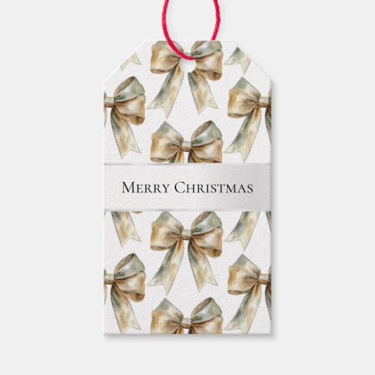 Kerst Rustiek Wit Groen Gouden Bogen Cadeaulabel (Voorkant)