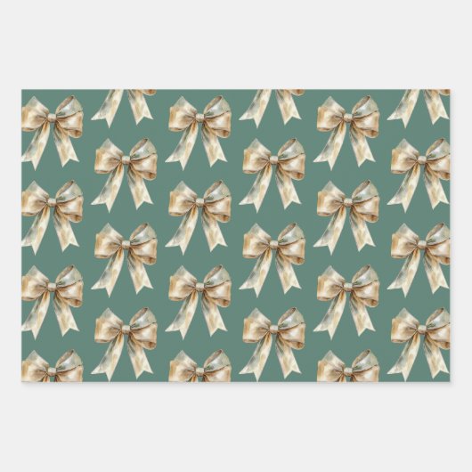 Kerst Rustiek Wit Groen Gouden Bogen Inpakpapier Vel (Voorkant 2)