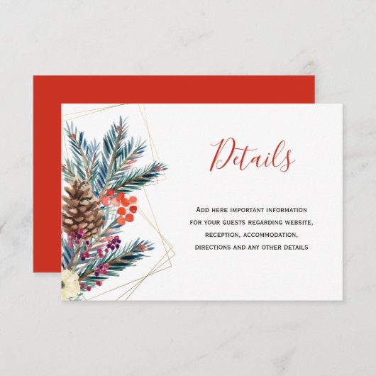 Kerst rustieke dennenappel bruiloft gastendetails informatiekaartje (Voorkant / Achterkant)