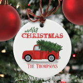 Kerst rustieke foto rode vrachtwagen vakantie op m keramisch ornament