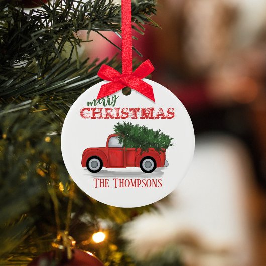 Kerst rustieke foto rode vrachtwagen vakantie op m keramisch ornament