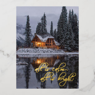 Kerst Rustieke Log Cabin Bossen Lake Folie Feestdagen Briefkaart