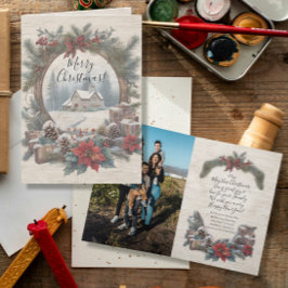 Kerst  Rustieke Pine Krans Familie Foto Bedankkaart