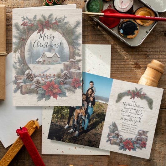 Kerst Rustieke Pine Krans Familie Foto Bedankkaart