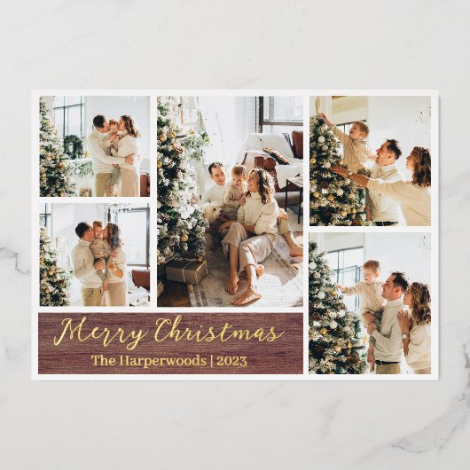 Kerst rustieke rendieren familie foto collage folie feestdagenkaart (Voorkant)