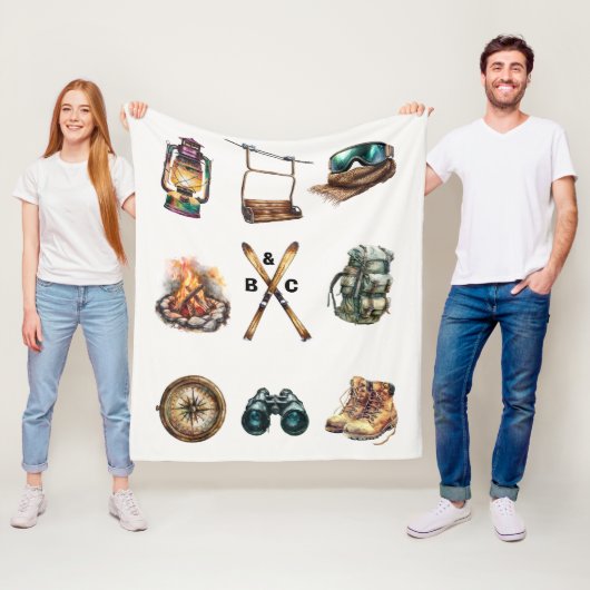 Kerst Rustieke Ski Paar Initiaal Outdoor Wit Fleece Deken (In situ)