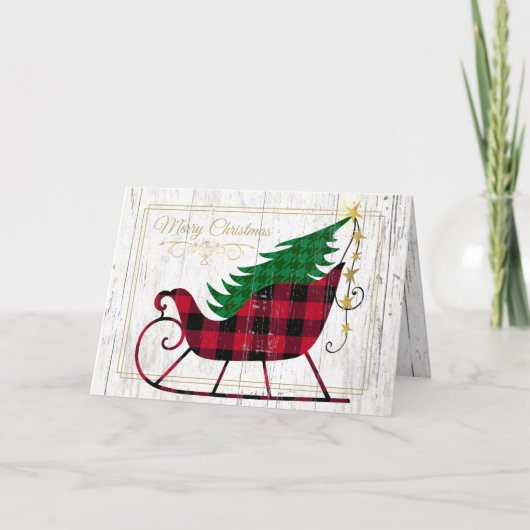Kerst Rustieke Sleigh Red Buffalo Plaid Feestdagen Kaart (Voorkant)