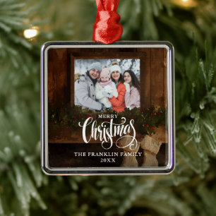 Kerst Rustieke Winter Open Haard Foto Metalen Ornament