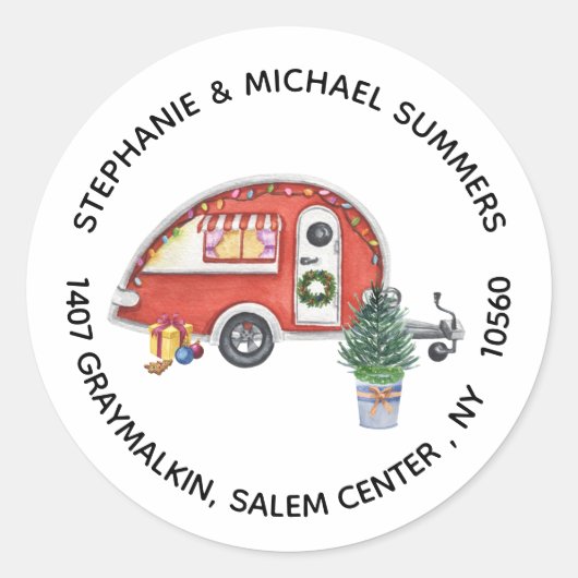 Kerst RV Camper Camping Retouradres Ronde Sticker (Voorkant)