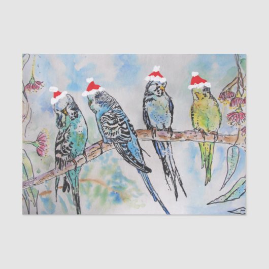Kerst Santa Budgies Budgerigar Vogel Kaart Tissuepapier (Voorkant)