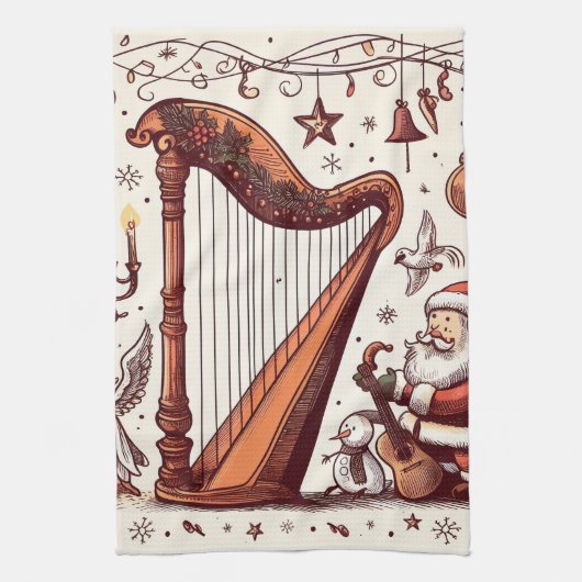 Kerst Santa Harp keukenhanddoek (Verticaal)