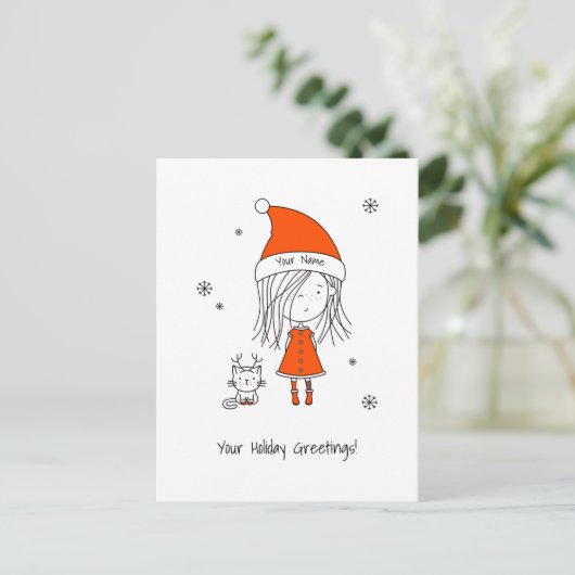Kerst Santa Meisje Kat Schattige Grappige Cartoon Briefkaart (Staand voorkant)
