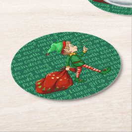 Kerst Santa's Elf Schattig Vakantie Schattig Patro Ronde Kartonnen Onderzetter