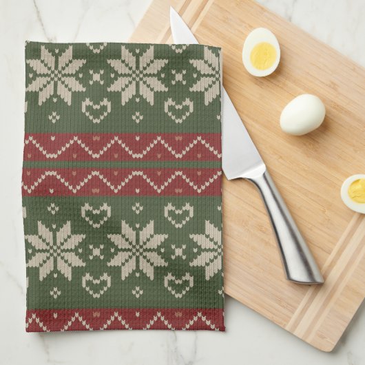 Kerst Scandinavian Knit Red Green Hearts Theedoek (Quarter Fold)
