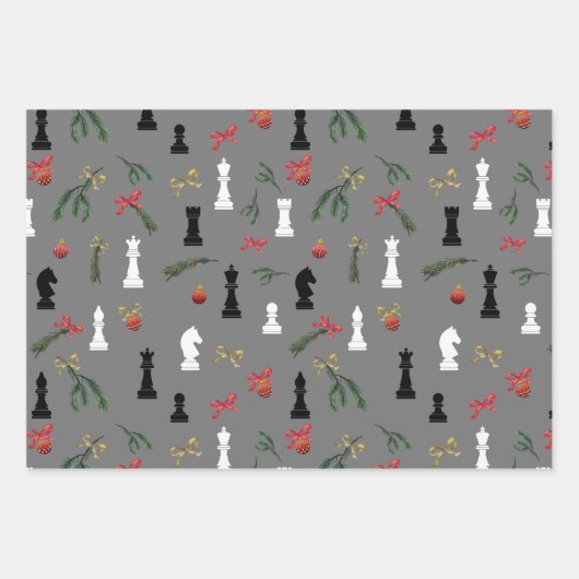 Kerst schaakstukken spel patroon grijs inpakpapier vel (Voorkant)