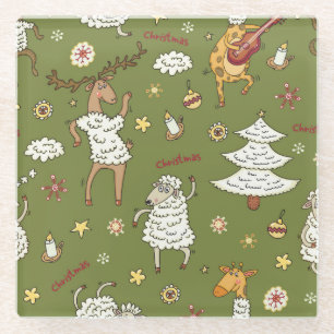 Kerst Schaap: Dierlijke Illustratie. Glazen Onderzetter