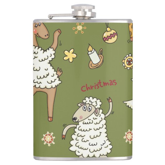 Kerst Schaap: Dierlijke  Illustratie. Heupfles (Voorkant)