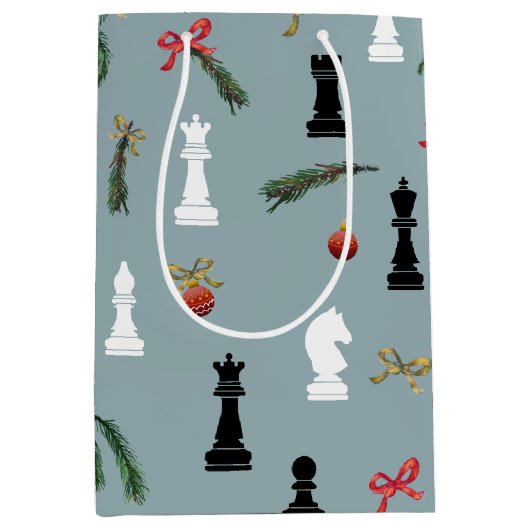 Kerst schaken stukken spel patroon blauw medium cadeauzakje (Voorkant)