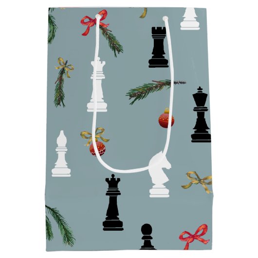 Kerst schaken stukken spel patroon blauw medium cadeauzakje (Achterkant)