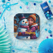 Kerst Schattig meisje en sneeuwman Papieren Bordje (Feest)