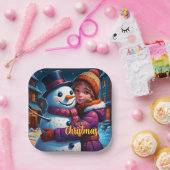 Kerst Schattig meisje en sneeuwman Papieren Bordje (Feest)