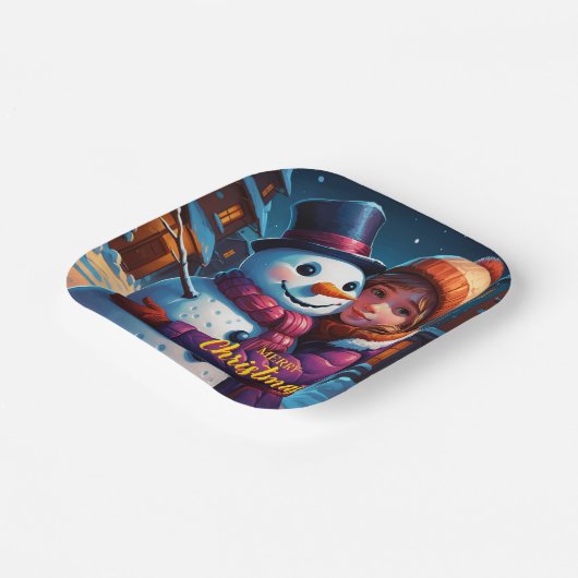 Kerst Schattig meisje en sneeuwman Papieren Bordje (Gebogen)