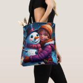 Kerst Schattig meisje en sneeuwman Tote Bag (Dichtbij)