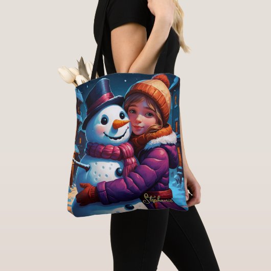 Kerst Schattig meisje en sneeuwman Tote Bag (Dichtbij)