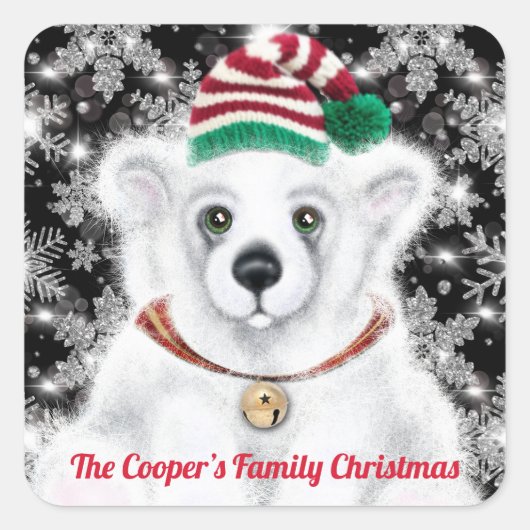 Kerst schattig Santa polar beer welp sneeuwvlokken Vierkante Sticker (Voorkant)